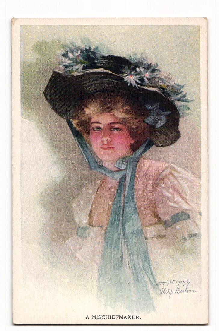Philip Boileau "A Mischiefmaker" 1907 Woman Floral Hat Art Postcard, Reinthal & Newman (1 of 2)