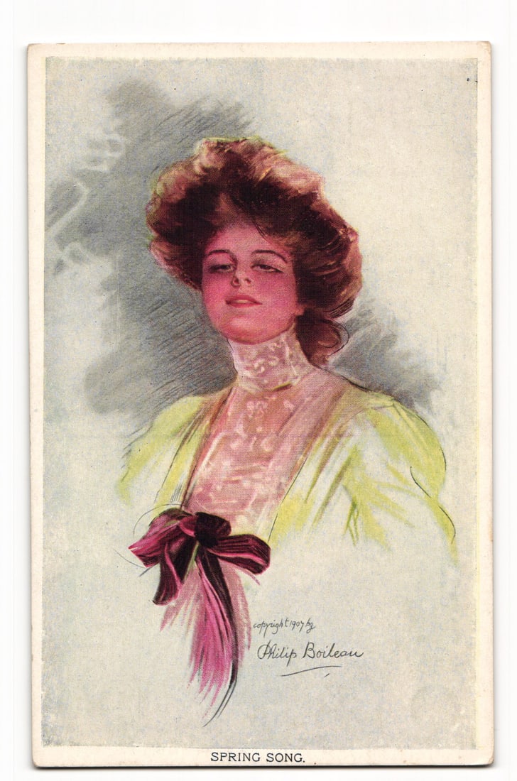 Vintage Postcard: "Spring Song" by Philip Boileau, 1907, Elegant Woman in Yellow with Purple Bow (1 of 2)