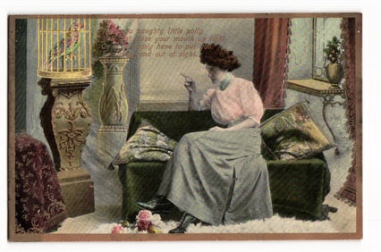 "Naughty Little Polly" Woman Scolding Parrot in Cage, Early 20th C. Colorized Print Postcard