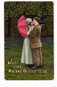 Illustrated Postcard of Romantic Couple Kissing Under Umbrella, 'Just Like Ma and Pa Used To Do'