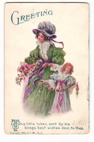 1905 Greeting Postcard: Woman with Rose Basket and Child with Flower Garland, U. Co. N.Y.