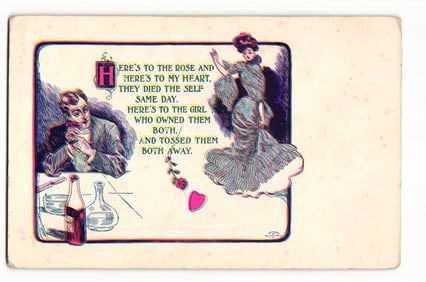 Illustrated Postcard: Man at Table, Woman Tossing Rose, "Here's to the Rose" Poem, ca. 1908