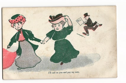 Antique Comic Postcard: Two Women Running from Man Holding "BILL", "Pay my note" Caption