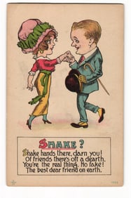 Caricature postcard of man and woman shaking hands, 'SHAKE ?' verse, H.W.L. monogram, No. 1003