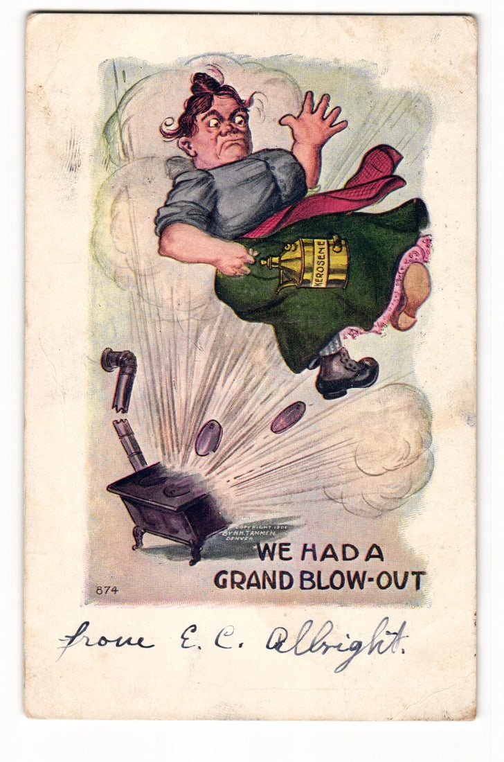 Comic Postcard: Woman & Exploding Kerosene Stove, "WE HAD A GRAND BLOW-OUT", 1907 Postmark: A color illustration depicts a woman in mid-air, seemingly propelled upwards by an exploding small, black, cast-iron stove. The woman, with a startled expression and disheveled hair, wears a grey blou
