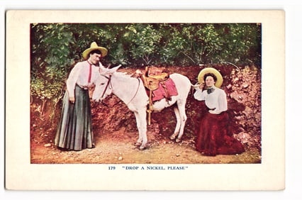 Postcard: Two women in long skirts and hats with a saddled white donkey, "DROP A NICKEL, PLEASE"