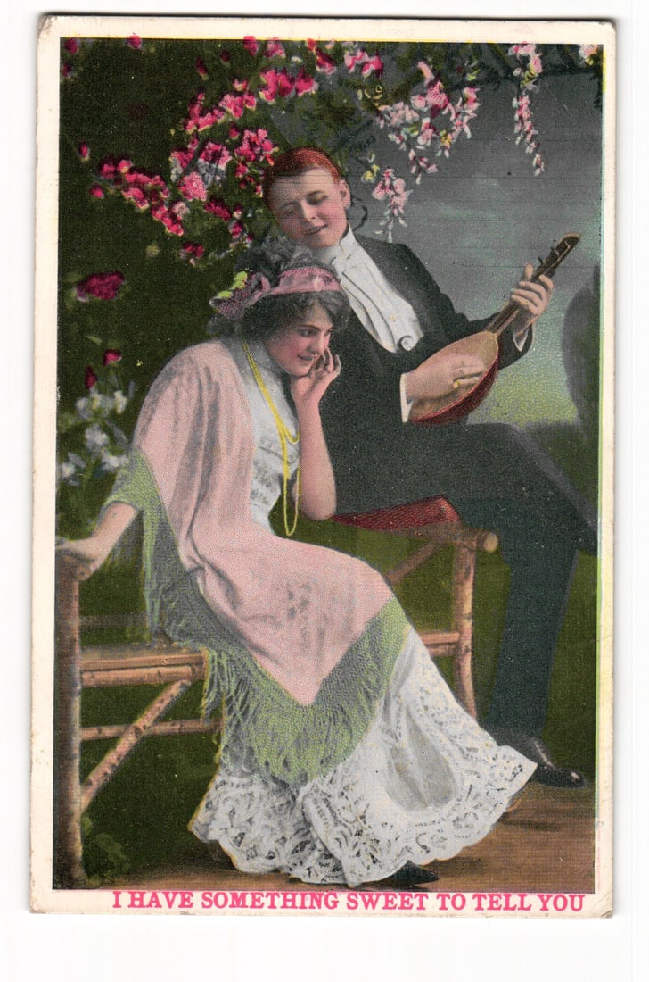 Couple with Mandolin, "I Have Something Sweet To Tell You" Romantic Themed Postcard, c. 1913 (1 of 2)