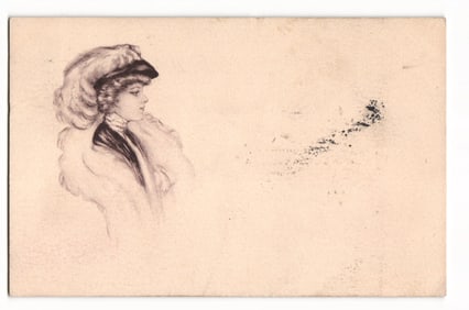 Early 20th Century Postcard: Profile Sketch of Woman in Fur Stole & Hat, Columbus, OH 1909