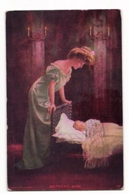 Mother's Babe Postcard: Woman Gazing at Infant in Crib, Artistic Rendering, Copyright 1907