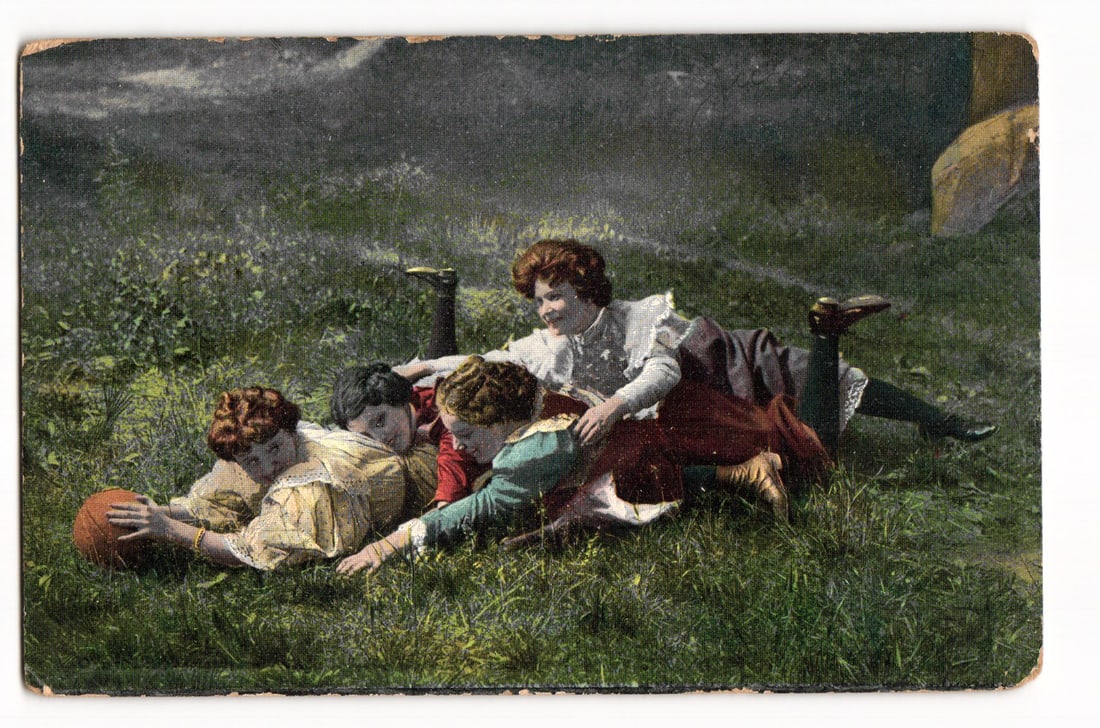 Parkston, SD 1907 Postcard: Four Young Women with Ball in Grassy Field, Colorized Print (1 of 2)