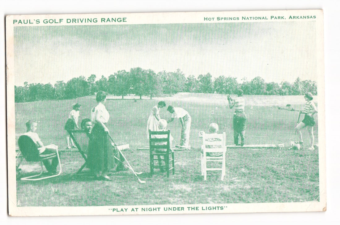 Paul's Golf Driving Range, Hot Springs National Park, Arkansas, "Play at Night" Postcard (1 of 2)
