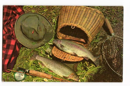 Fishing Scene Postcard: A Good Catch - Two Trout, Wicker Creel, Hat, Rod, and Net on Grass