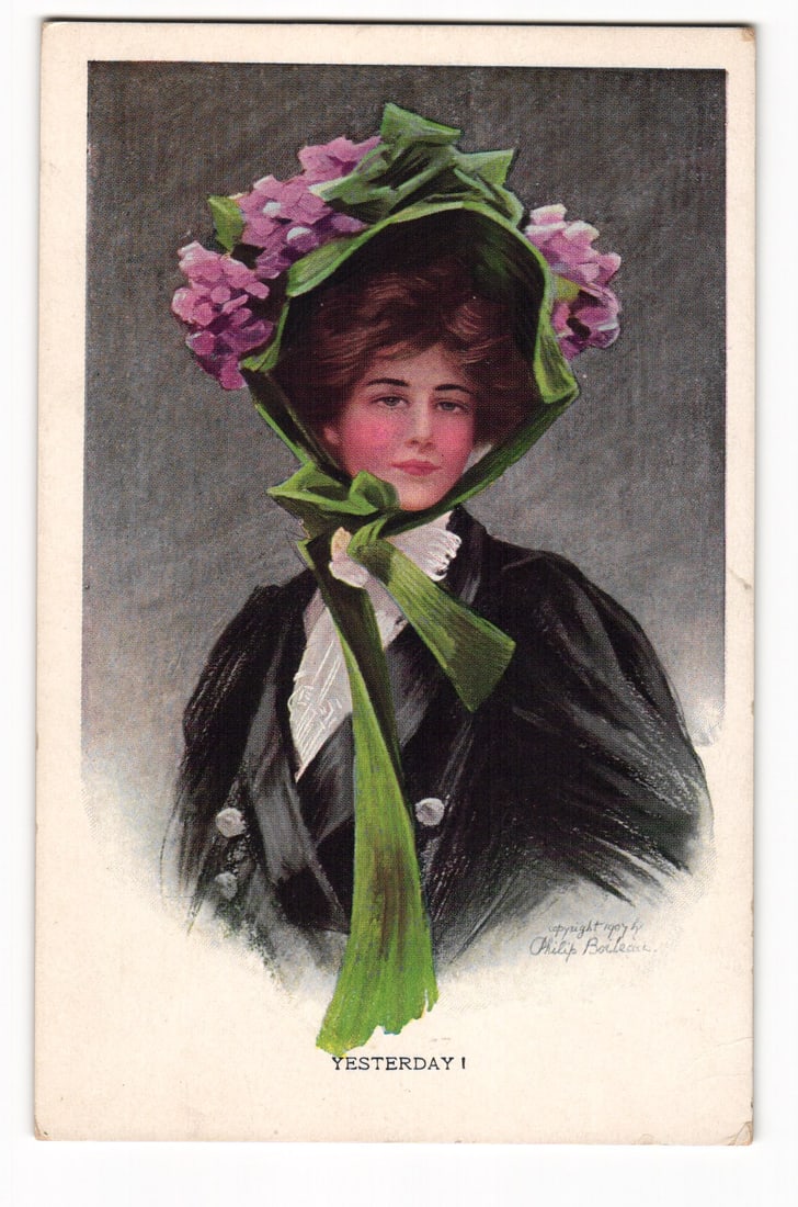 Vintage postcard: "Yesterday !" by Philip Boileau, woman with flowers, mailed Shevlin 1912 (1 of 2)