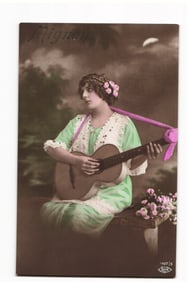 Postcard: "Mignon," Woman Playing Guitar, Hand-Tinted, K.u.K. Feldpost Censor Stamp, 1917