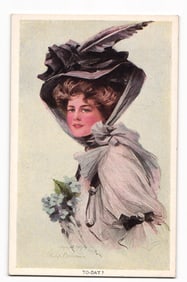 Elegant Woman with Feathered Hat and Flowers, Philip Boileau 1907 Artwork Postcard TO-DAY?