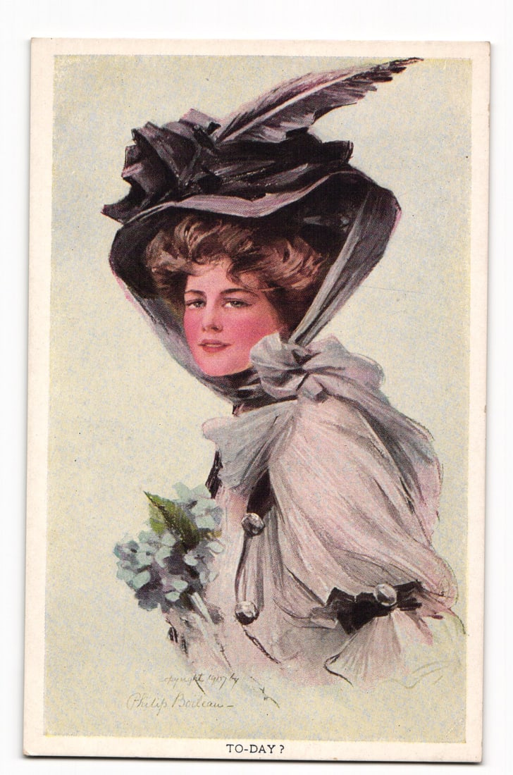 Elegant Woman with Feathered Hat and Flowers, Philip Boileau 1907 Artwork Postcard TO-DAY? (1 of 2)