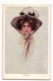 Philip Boileau 1907 "Forever" illustration postcard, woman in hat and scarf, R&N Series 95.