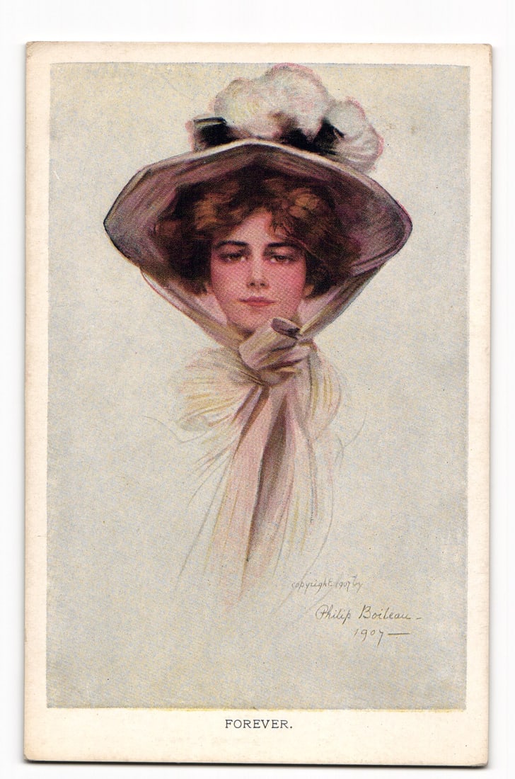 Philip Boileau 1907 "Forever" illustration postcard, woman in hat and scarf, R&N Series 95. (1 of 2)