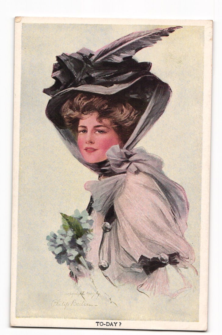 Philip Boileau art postcard: Woman in feathered hat holding flowers, 'TO-DAY ?' caption (1 of 2)