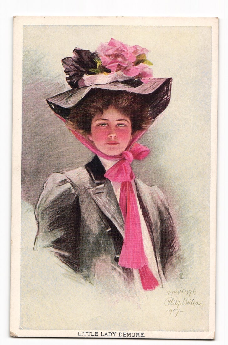 Philip Boileau 1907 "Little Lady Demure" Woman in Hat with Pink Flowers and Scarf Postcard (1 of 2)