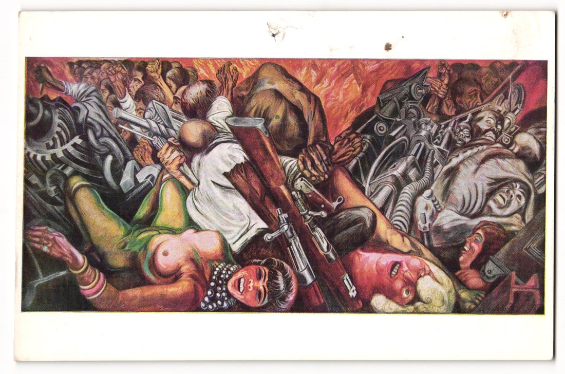 Postcard of J. Clemente Orozco Mural "World Catastrophe", Palacio de Bellas Artes, Mexico: The postcard features a color reproduction of a mural depicting a tumultuous scene filled with numerous human figures, machinery, and fire. In the foreground, a dark-haired woman with a pearl necklace