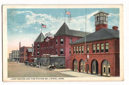 Postcard: Lyric Theatre & Fire Station No. 1, Athol, MA. Street view with early autos, c.1914