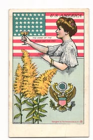 U.S. America Patriotic Postcard: Woman, Flag, Goldenrod, Great Seal. Platinachrome Co. N.Y.