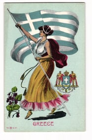 Antique Postcard: Allegorical Woman as Greece with National Flag & Coat of Arms, circa 1900s