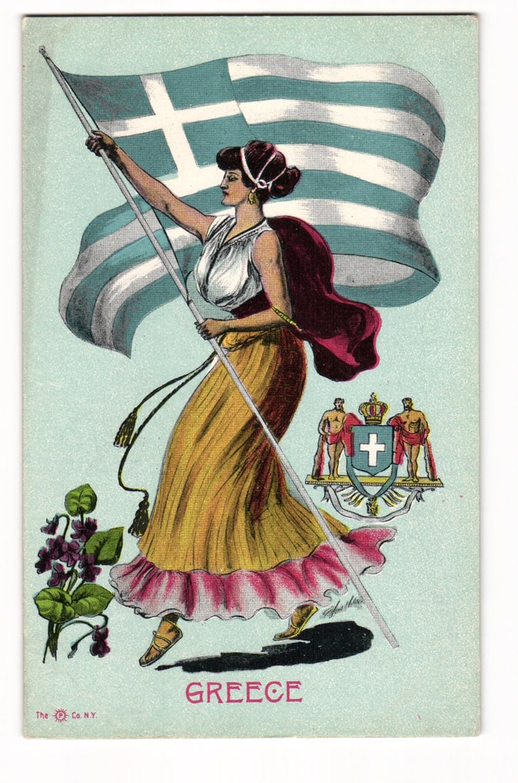 Antique Postcard: Allegorical Woman as Greece with National Flag & Coat of Arms, circa 1900s (1 of 2)