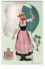 Vintage postcard: Woman in Portuguese traditional attire holding flag, emblem of Portugal shown