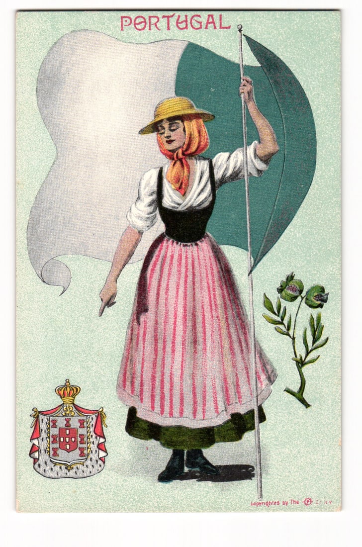 Vintage postcard: Woman in Portuguese traditional attire holding flag, emblem of Portugal shown: An illustration features a woman in traditional Portuguese attire, including a yellow hat, orange neck scarf, white blouse, black bodice, and a pink and white striped skirt over a dark underskirt. She