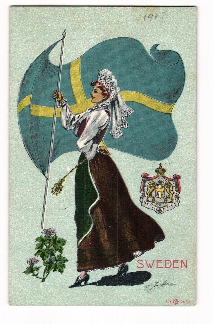 Sweden 1907: Woman in National Costume Holding Flag, Coat of Arms, Ullman Co. Postcard (1 of 2)