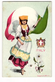 Postcard depicting a woman in traditional attire holding an Italian flag, representing Italy.
