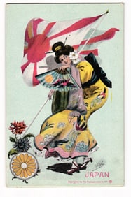 Japan: Woman in Kimono with Rising Sun Flag and Chrysanthemums, Early 20th Century postcard