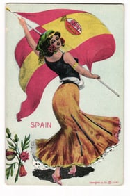 Woman with Spanish Flag Postcard, 'SPAIN', Illustrated, Copyrighted by The G-Co. N.Y.