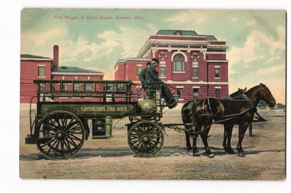 Lawton, Okla. Horse-Drawn Fire Wagon & Court House, Litho-Chrome Postcard, Early 20th Cent.