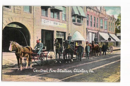 Central Fire Station, Clinton, Ia. postcard with horse-drawn engines in front of City 1898 Hall