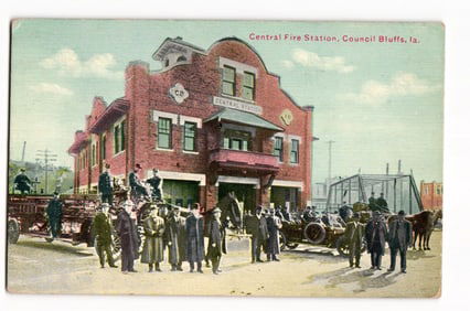 Central Fire Station, Council Bluffs, Ia. with Firemen and Early Apparatus, c. 1912 Postcard