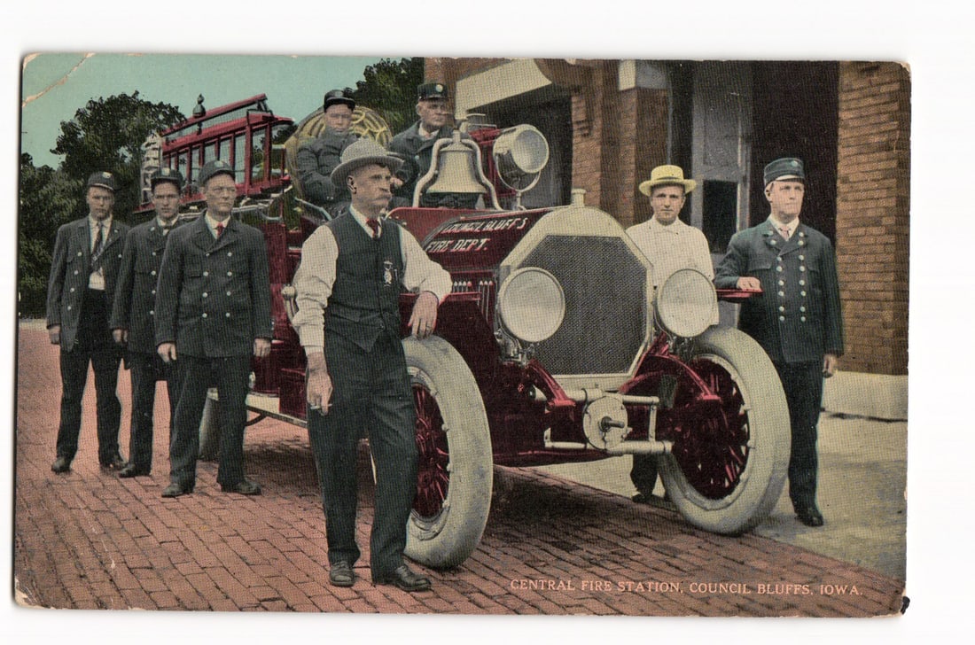 Council Bluffs, Iowa Fire Department & Engine, Central Fire Station Postcard, Postmarked 1915 (1 of 2)
