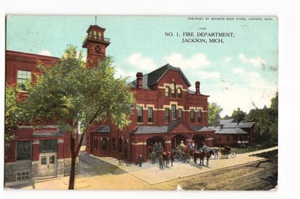 Jackson, Michigan, No. 1 Fire Department with Horse-Drawn Apparatus, ca. 1910 Postcard