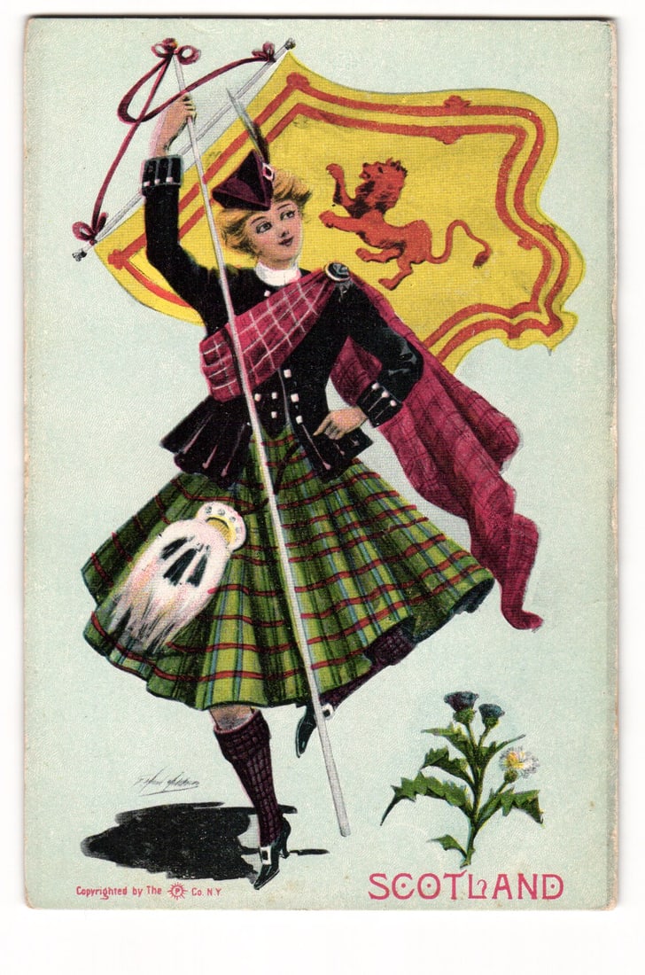 Illustrated Postcard: Woman in Kilt Holding Scottish Lion Rampant Flag, 'SCOTLAND' Series (1 of 2)