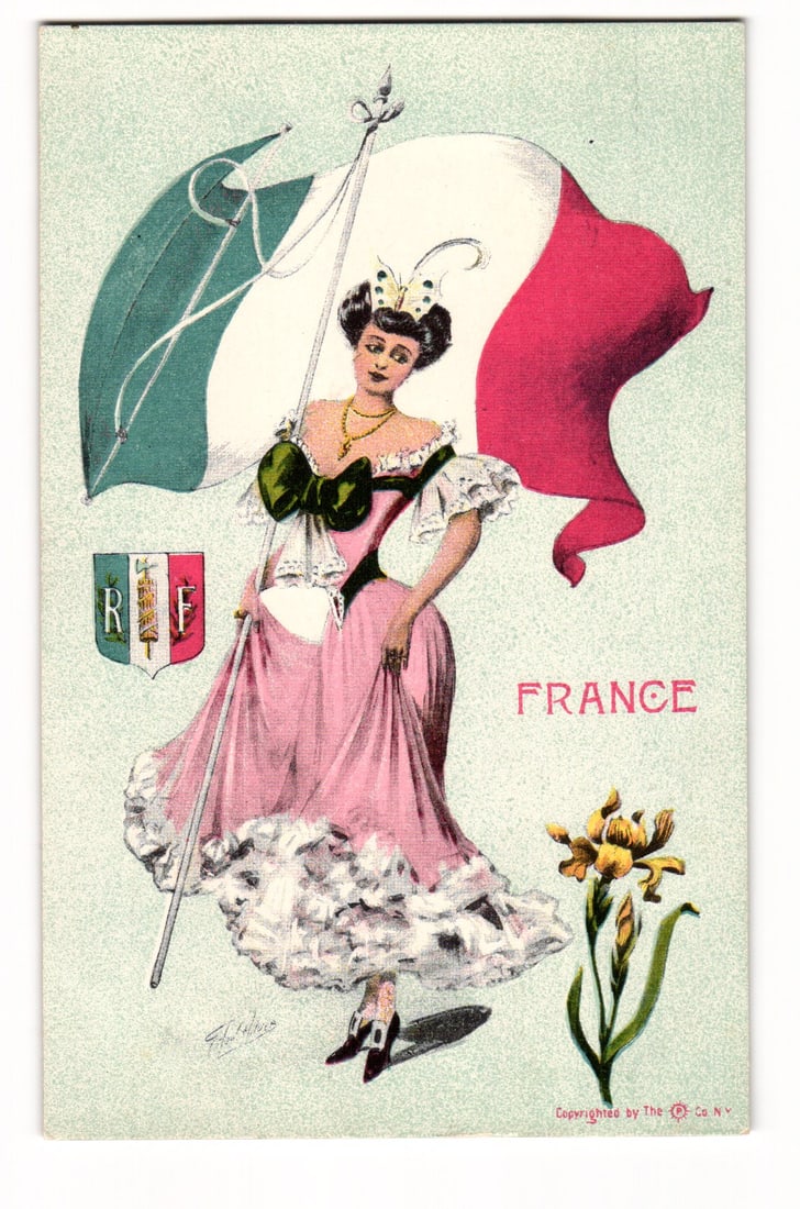 Vintage Postcard: Illustrated Woman Holding French Flag, "RF" Shield, Iris Flower, "FRANCE" (1 of 2)