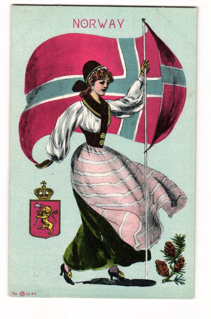 Norway Postcard: Woman in Traditional Dress Holding Flag, Coat of Arms, The Sun Co. N.Y.: An illustration depicts a woman in traditional Norwegian attire, holding a large Norwegian flag that billows behind her. She wears a dark, brimmed hat, a white blouse with full, gathered sleeves, a fi