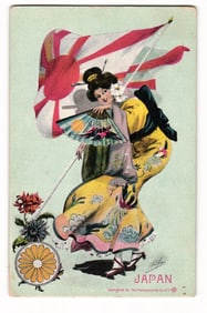 Art Nouveau Illustration of Japanese Woman with Rising Sun Flag & Fan by J.Dillon Postcard