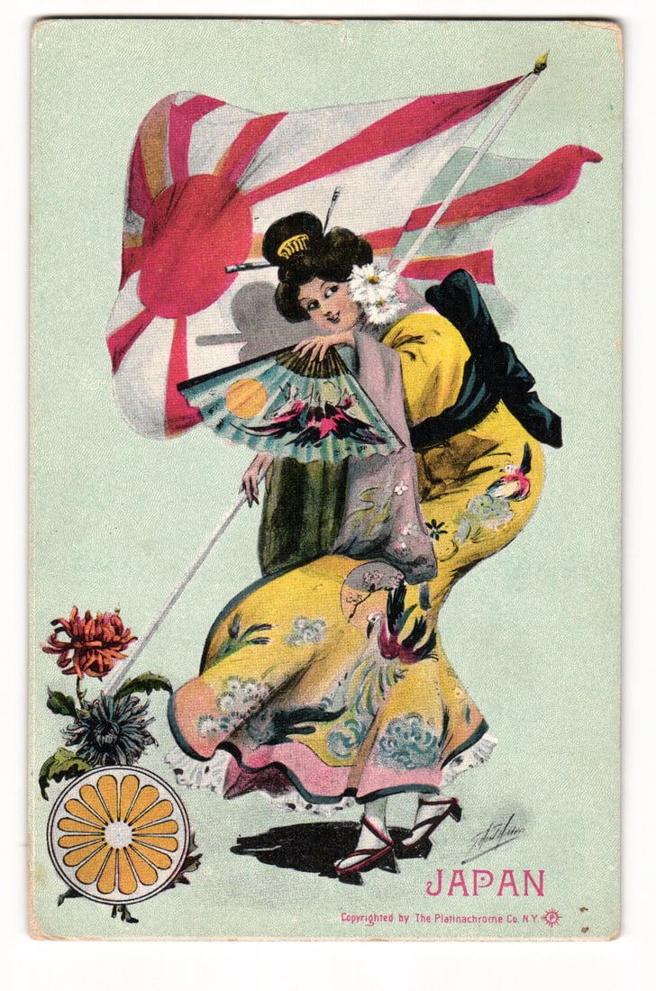 Art Nouveau Illustration of Japanese Woman with Rising Sun Flag & Fan by J.Dillon Postcard: An illustration depicts a woman in traditional Japanese attire, a yellow kimono adorned with floral and bird motifs, pink trim, and a dark obi. Her dark hair is styled up with ornaments, including a h
