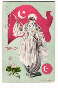 Illustrated Postcard of Figure in Turkish Attire with Flag, Early 20th Century, Imp Co N.Y.