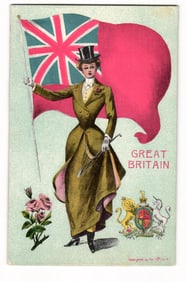 Patriotic Postcard: Woman with Union Jack Flag & Coat of Arms, Great Britain, Early 20th C.