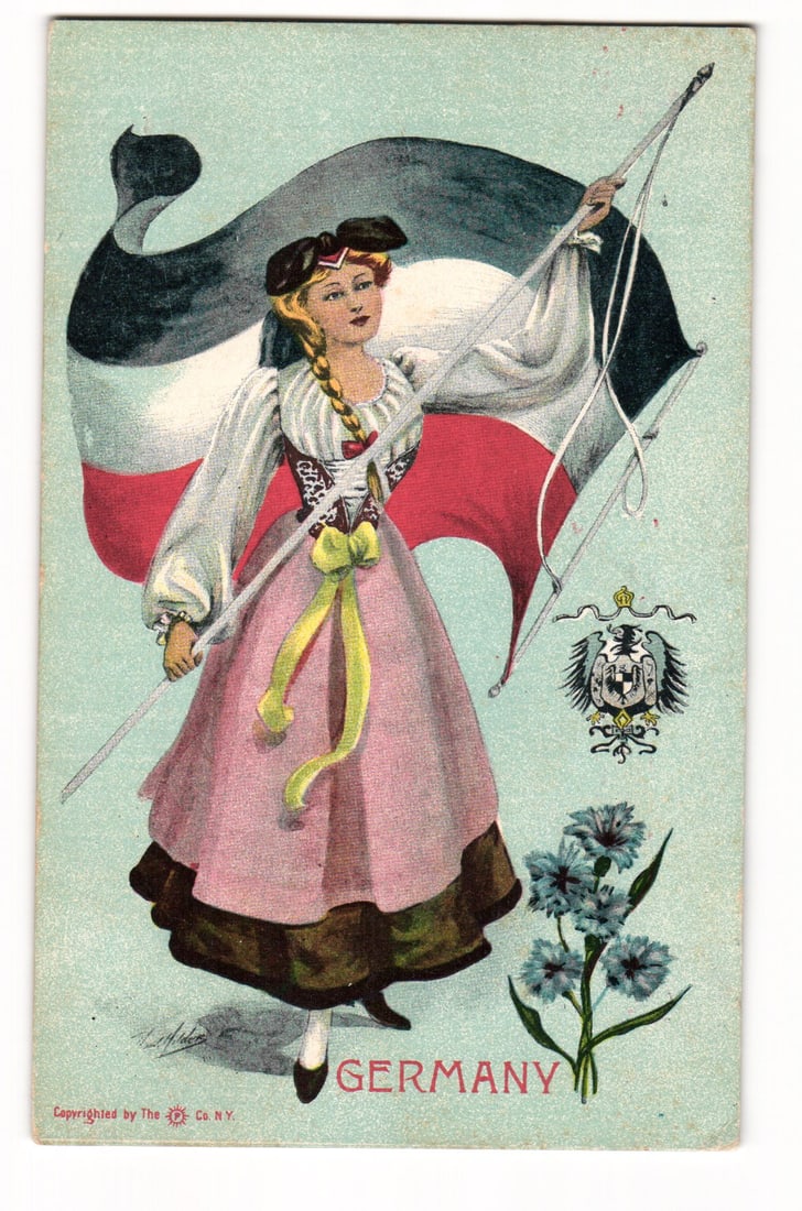 Illustrated postcard of woman in traditional dress holding German flag, coat of arms, circa 1908 (1 of 2)