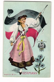 Illustrated Postcard: Woman in Traditional Dress with German Flag, Coat of Arms, "Germany"