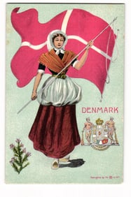 Denmark Postcard: Woman in Traditional Attire with Danish Flag & National Coat of Arms Design